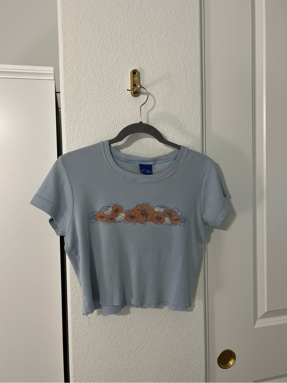 Ocean Pacific Blue Floral Crop T Shirt Women's Large Beach Graphic Tee OP